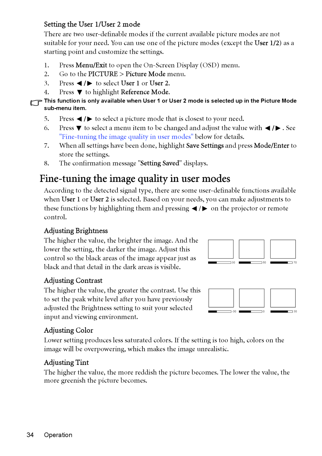 BenQ MP526, MP576, MP575, MP525, MP515 manual Fine-tuning the image quality in user modes 