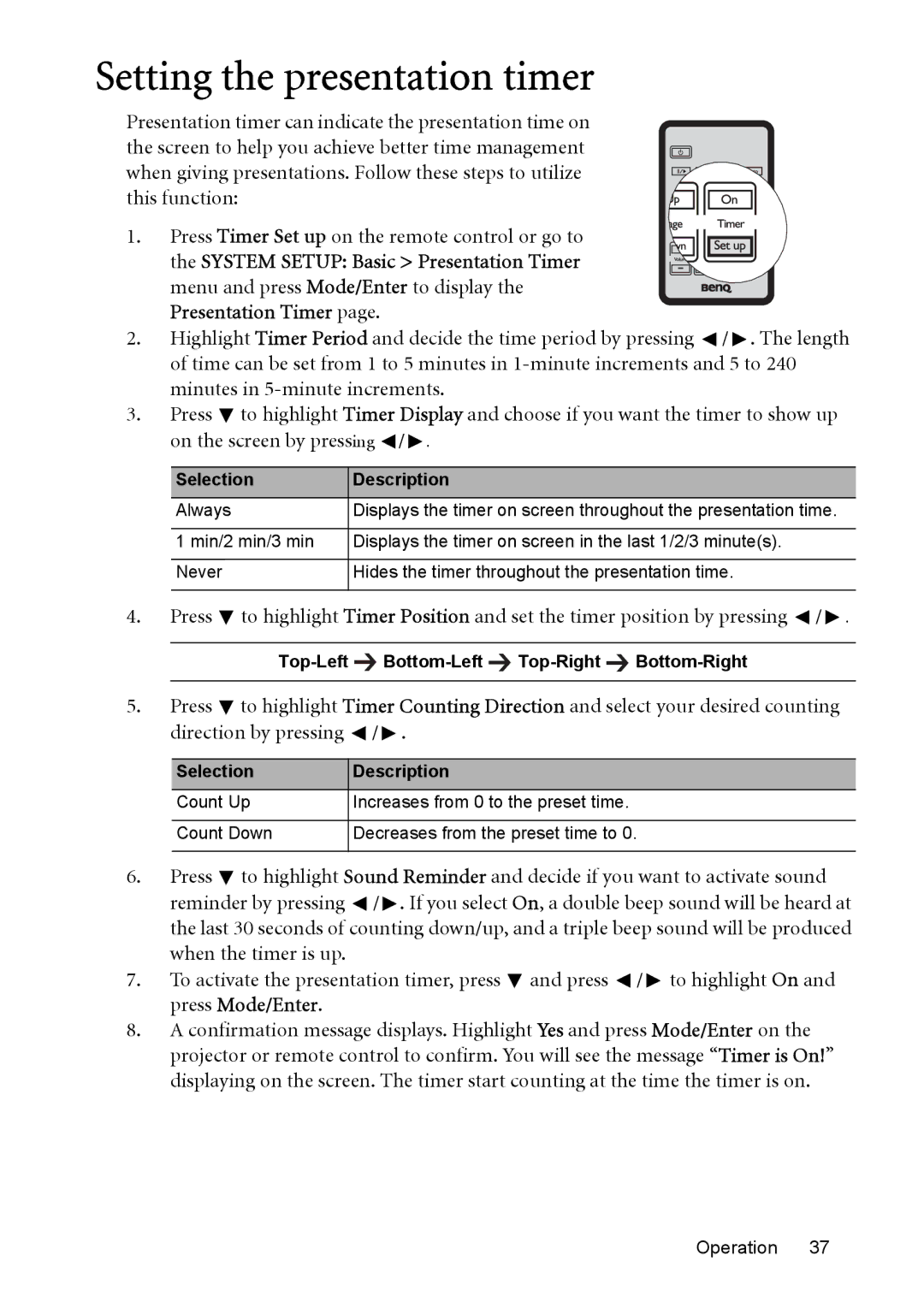 BenQ MP525, MP576, MP575, MP515, MP526 manual Setting the presentation timer, Selection Description 