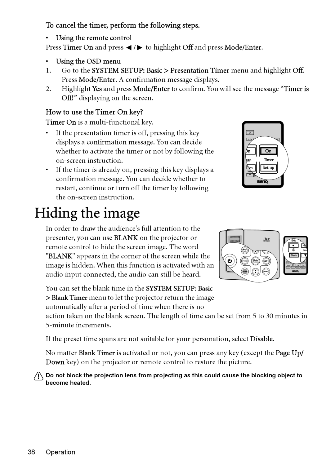 BenQ MP515, MP576 Hiding the image, How to use the Timer On key?, You can set the blank time in the System Setup Basic 