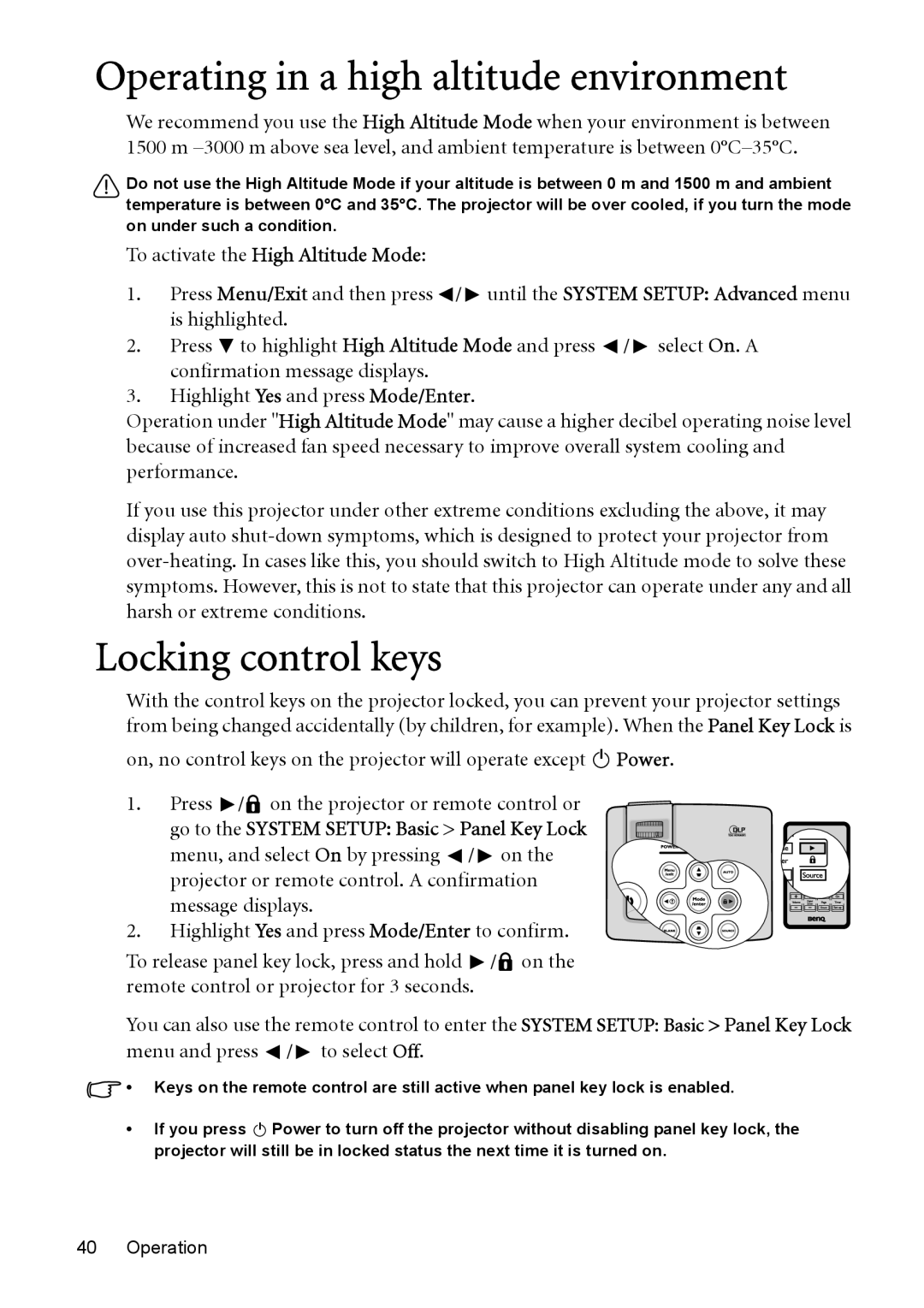 BenQ MP576, MP575, MP525 Operating in a high altitude environment, Locking control keys, To activate the High Altitude Mode 