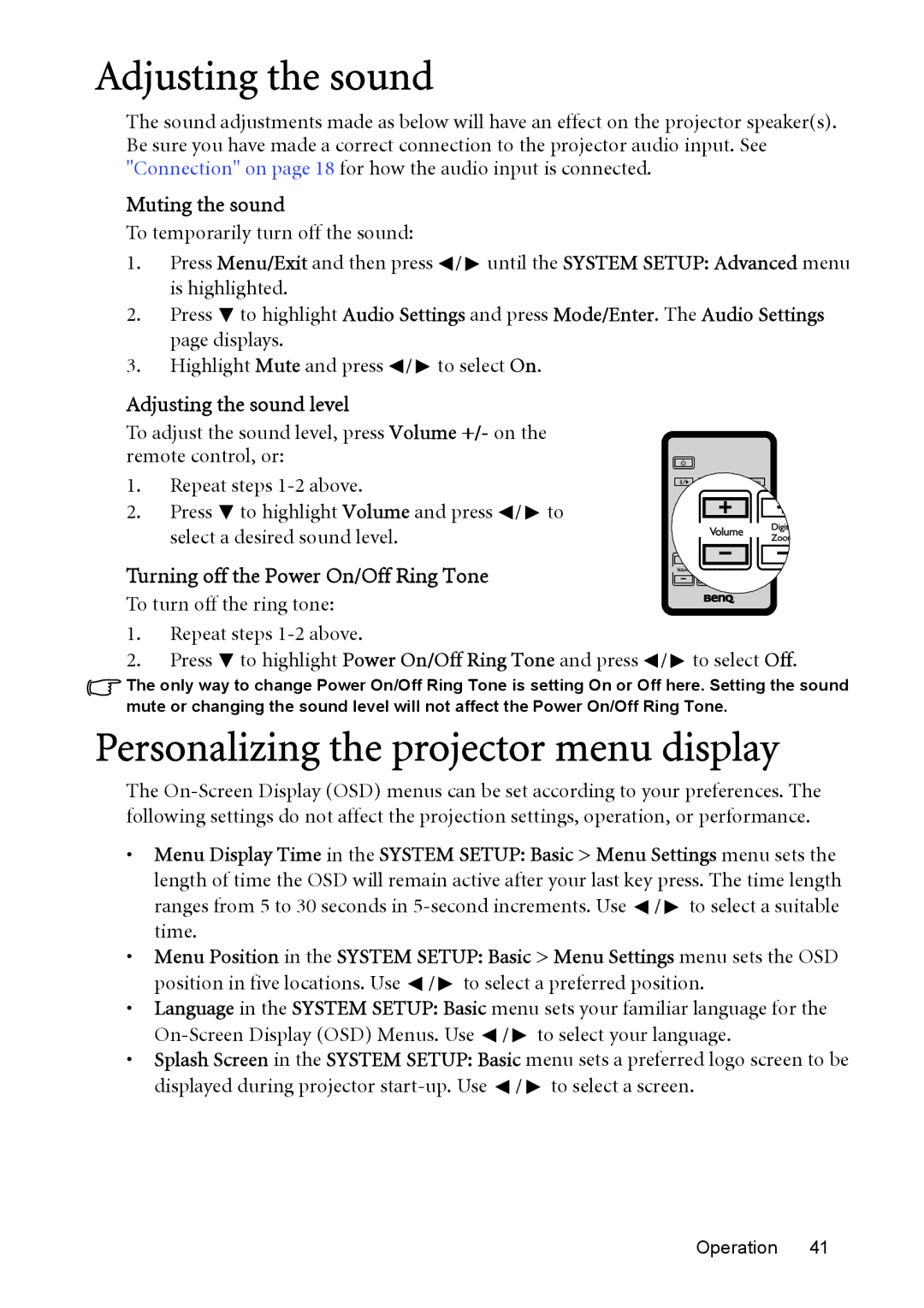 BenQ MP575, MP576, MP525, MP515 Personalizing the projector menu display, Muting the sound, Adjusting the sound level 