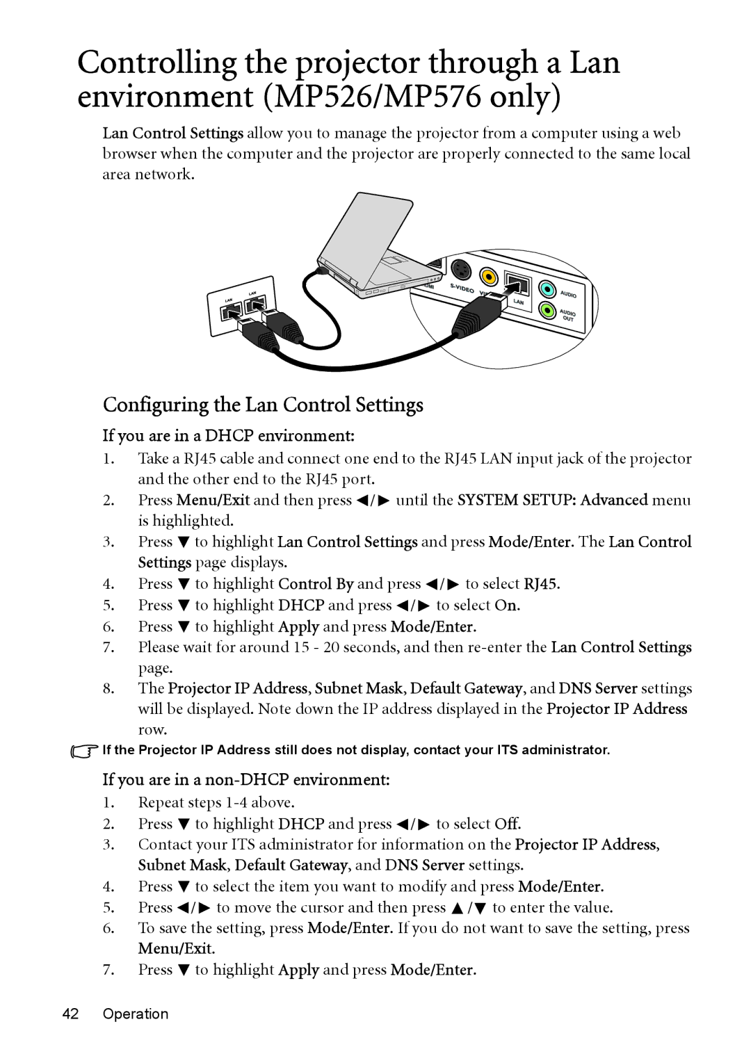 BenQ MP525, MP576, MP575, MP515, MP526 manual Configuring the Lan Control Settings, If you are in a Dhcp environment, Row 