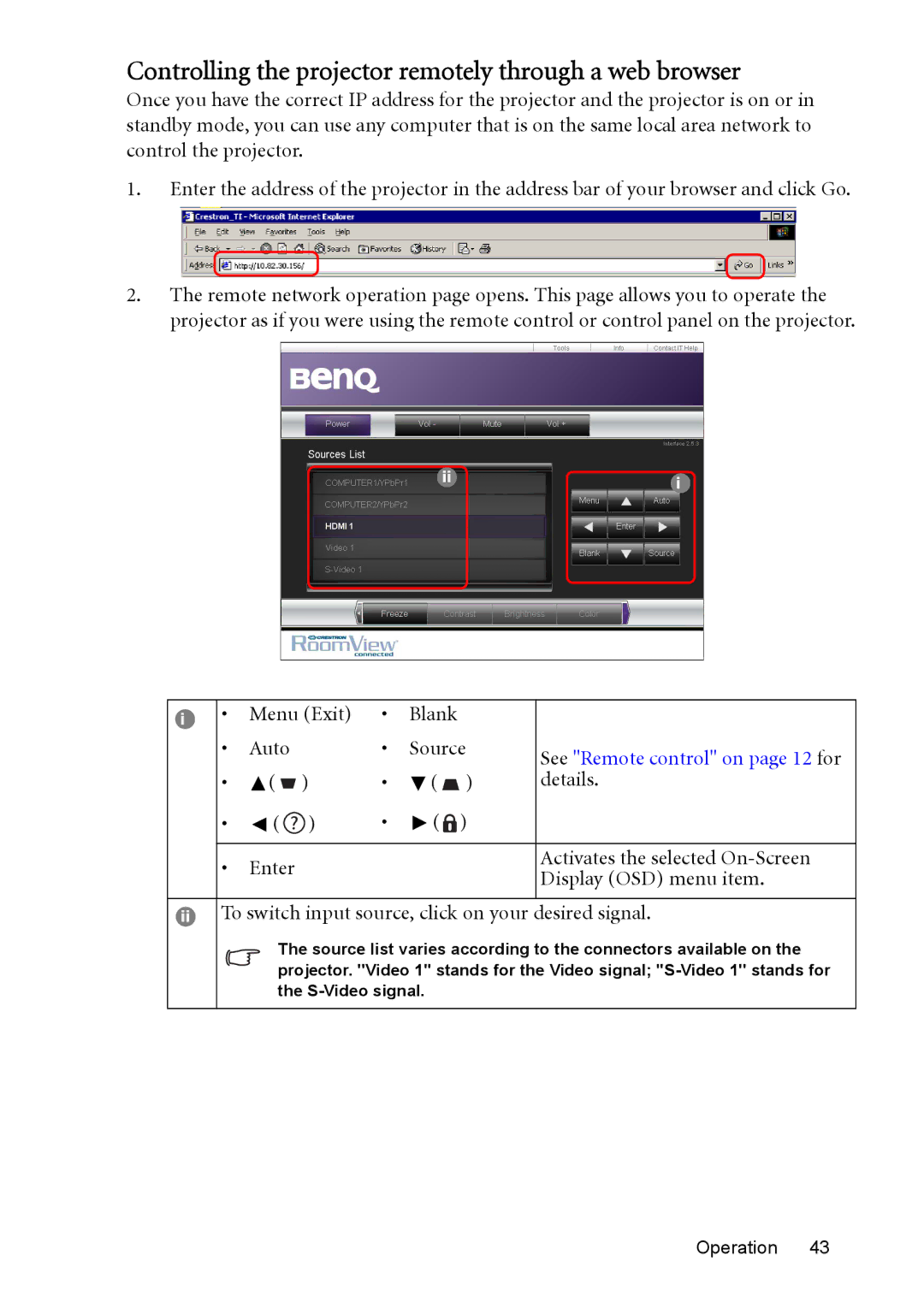 BenQ MP515, MP576, MP575, MP525 Controlling the projector remotely through a web browser, Menu Exit, Auto Source, Details 