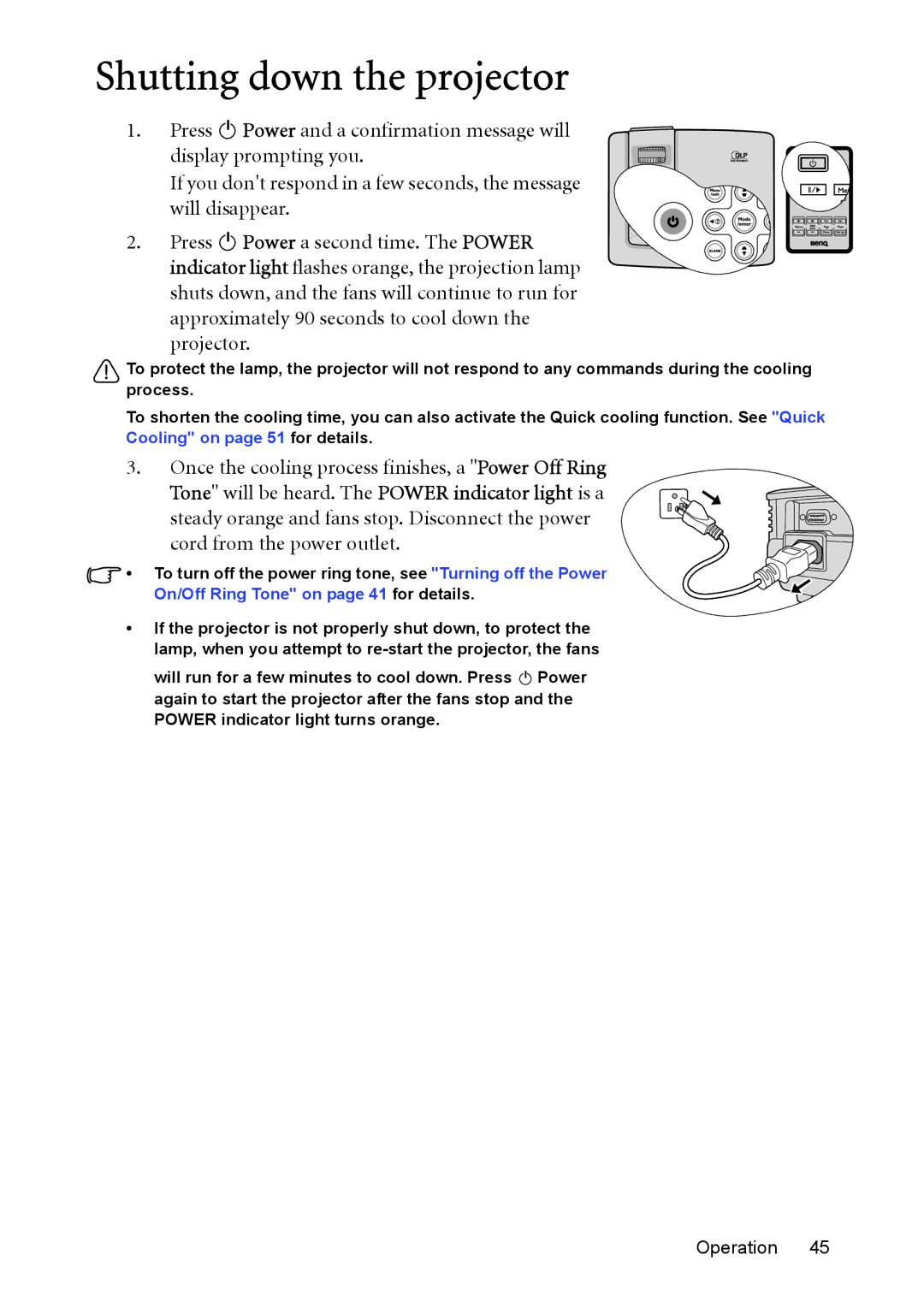 BenQ MP576, MP575, MP525, MP515, MP526 manual Shutting down the projector, Once the cooling process finishes, a Power Off Ring 