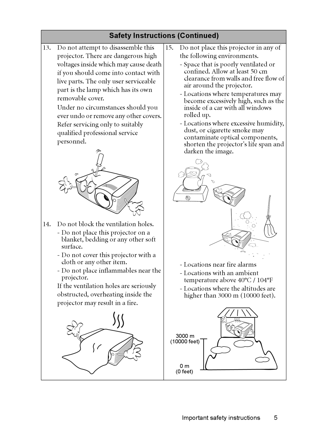 BenQ MP576, MP575, MP525, MP515, MP526 manual Locations near fire alarms 