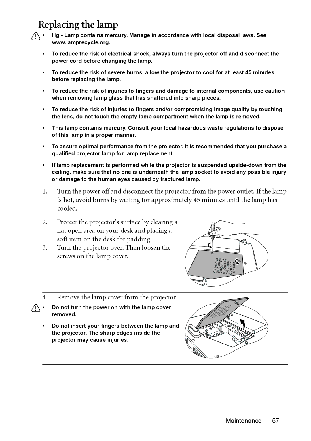 BenQ MP525, MP576, MP575, MP515, MP526 manual Replacing the lamp 