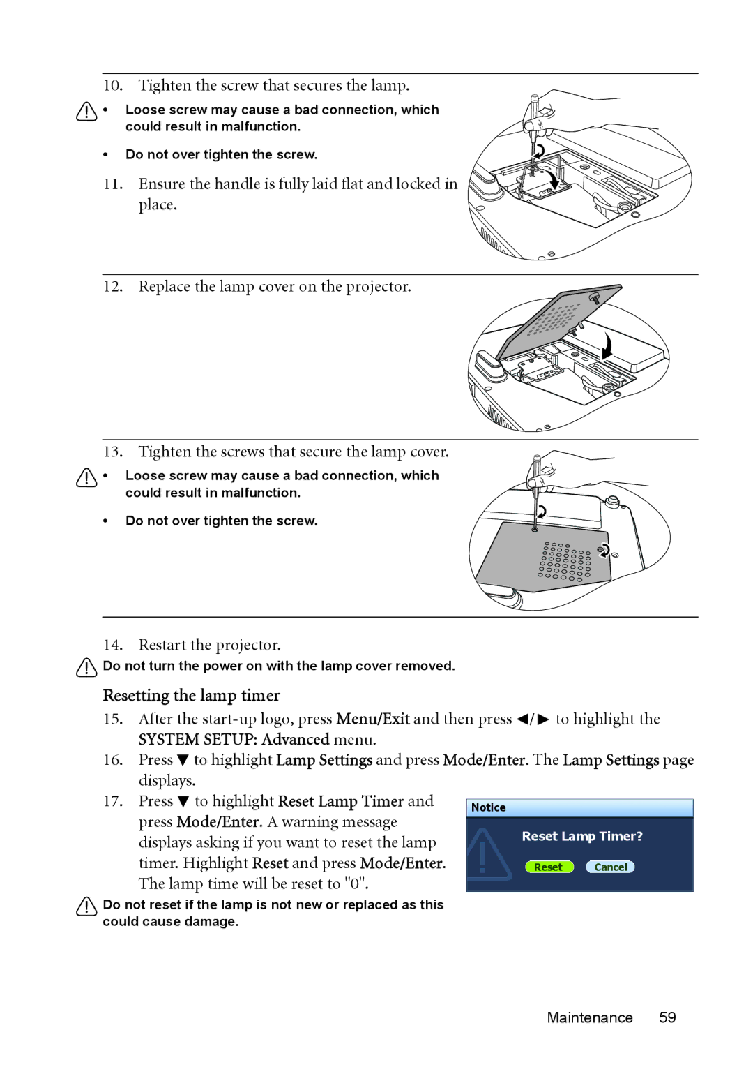 BenQ MP526, MP576, MP575, MP525 Tighten the screw that secures the lamp, Restart the projector, Resetting the lamp timer 