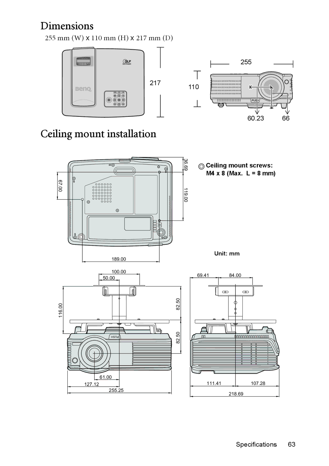 BenQ MP515, MP576, MP575, MP525, MP526 manual Dimensions, Ceiling mount installation, Mm W x 110 mm H x 217 mm D 