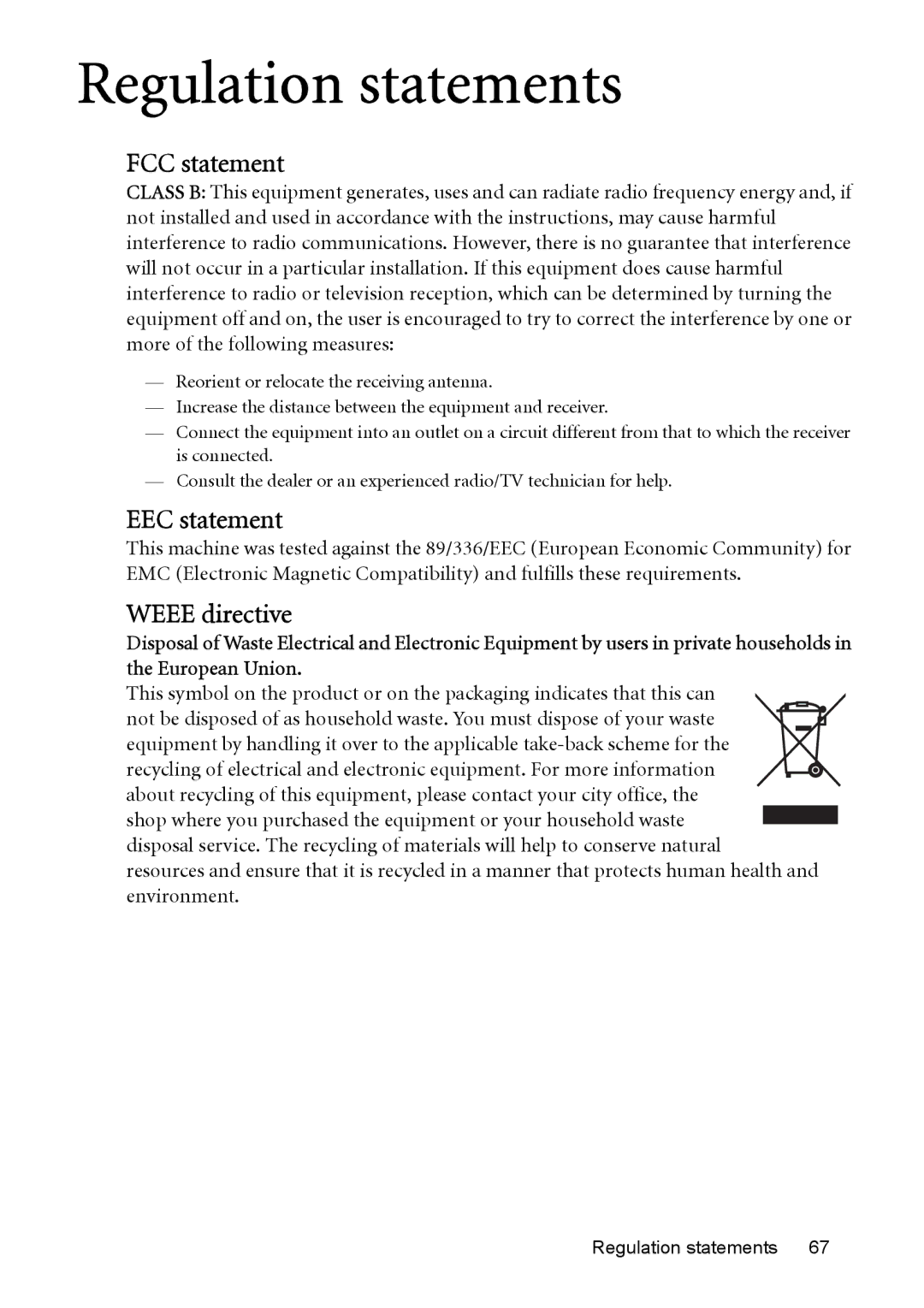 BenQ MP525, MP576, MP575, MP515, MP526 manual Regulation statements, FCC statement, EEC statement, Weee directive 