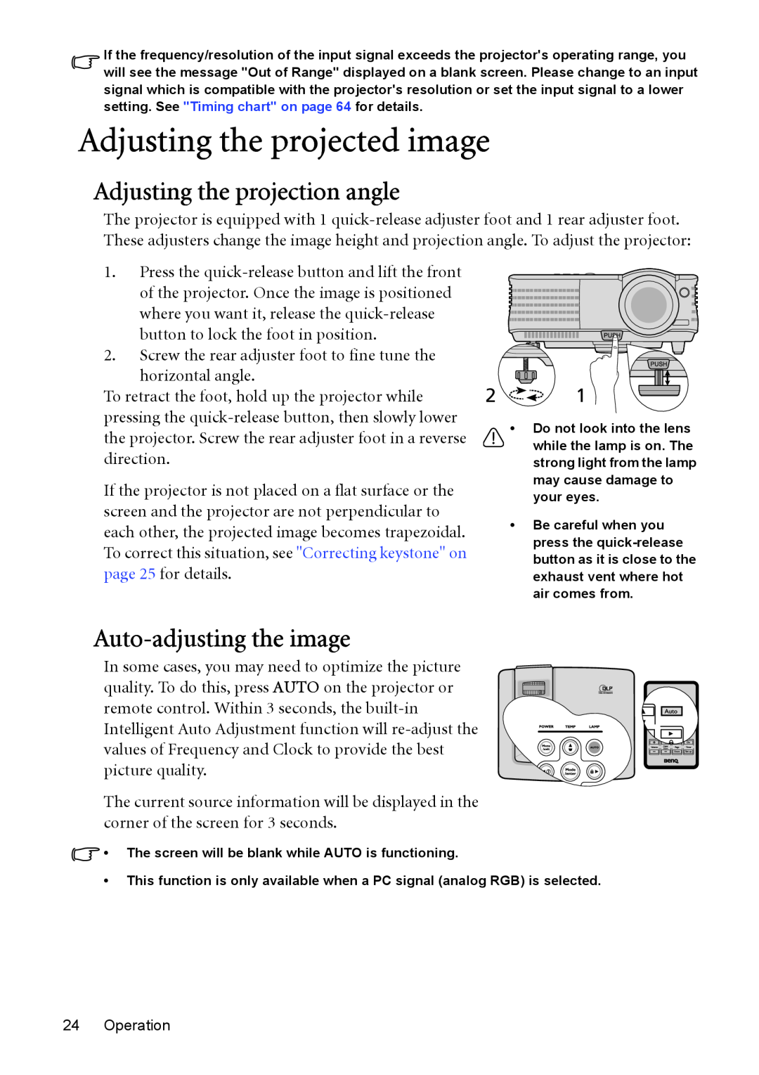 BenQ MP526, MP576, MP575, MP525 manual Adjusting the projected image, Adjusting the projection angle, Auto-adjusting the image 