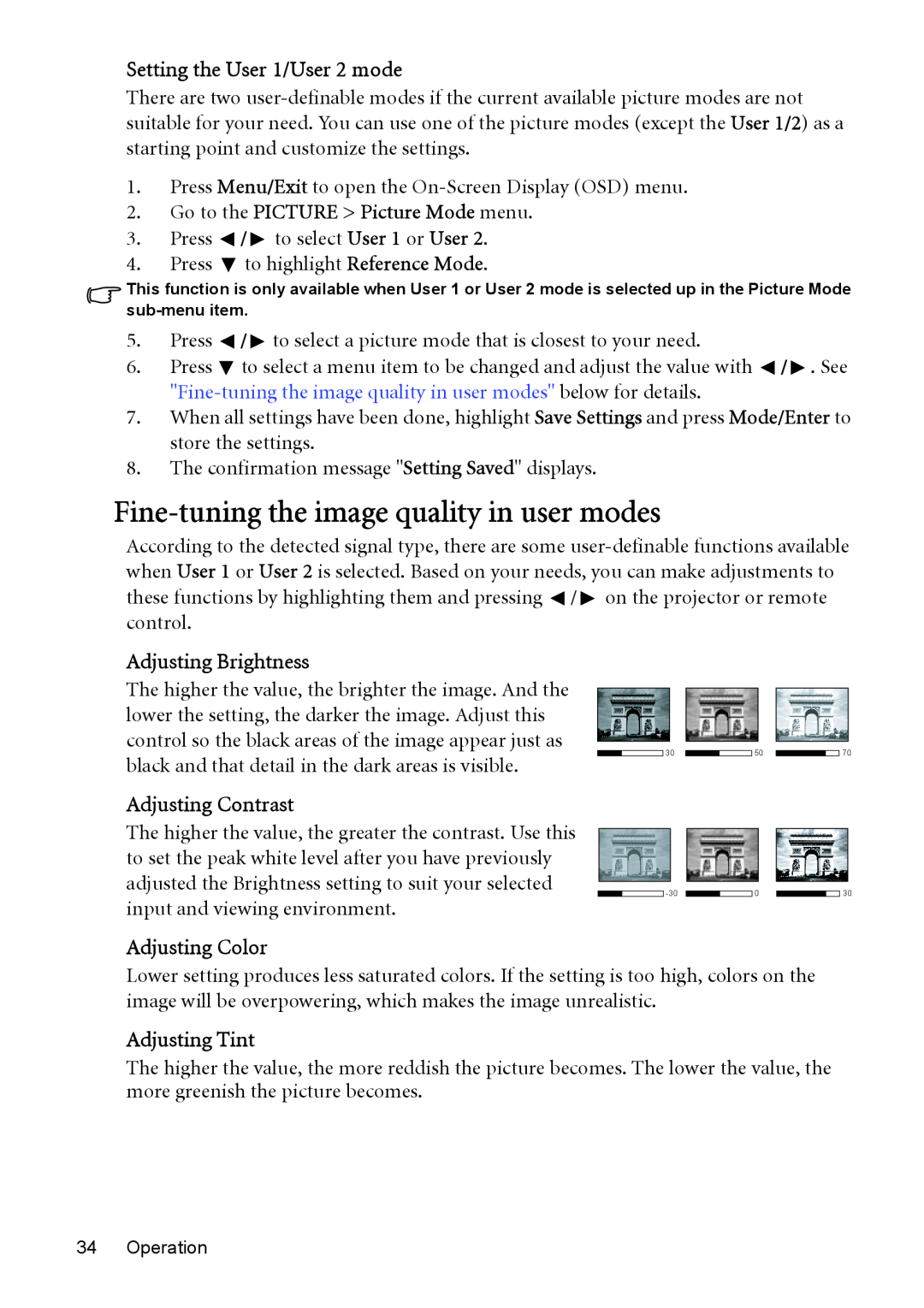 BenQ MP526, MP576, MP575 Fine-tuning the image quality in user modes, Setting the User 1/User 2 mode, Adjusting Brightness 