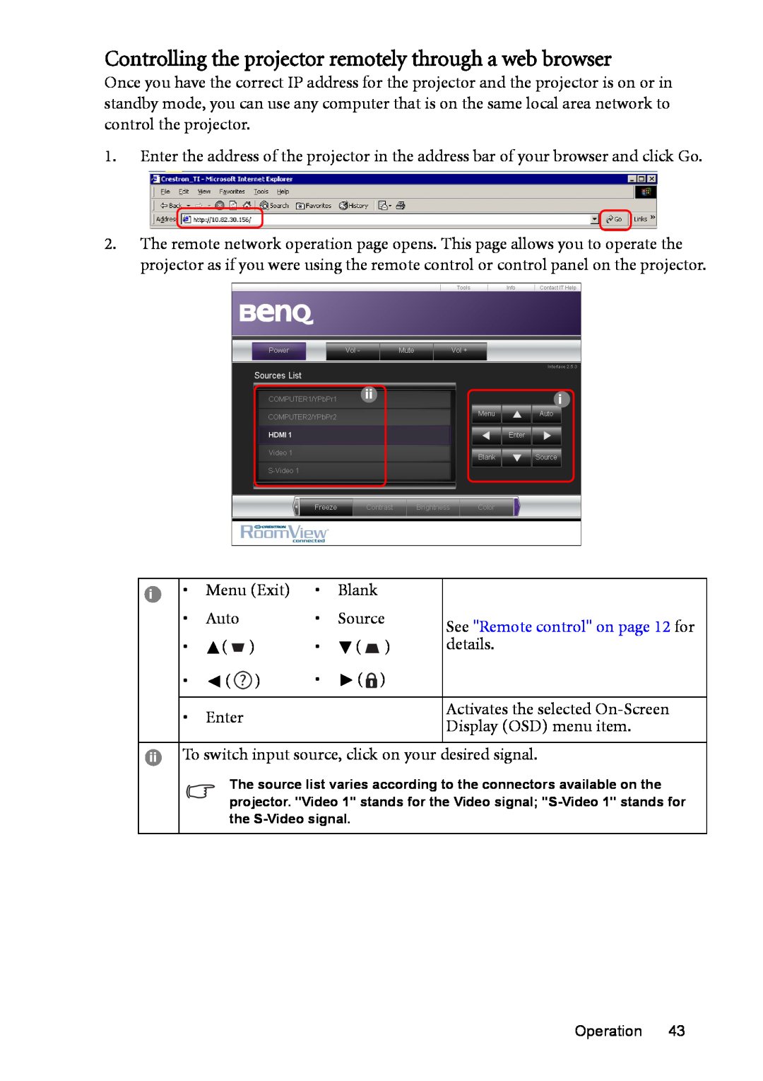 BenQ MP515, MP576, MP575 Controlling the projector remotely through a web browser, Enter, Activates the selected On-Screen 