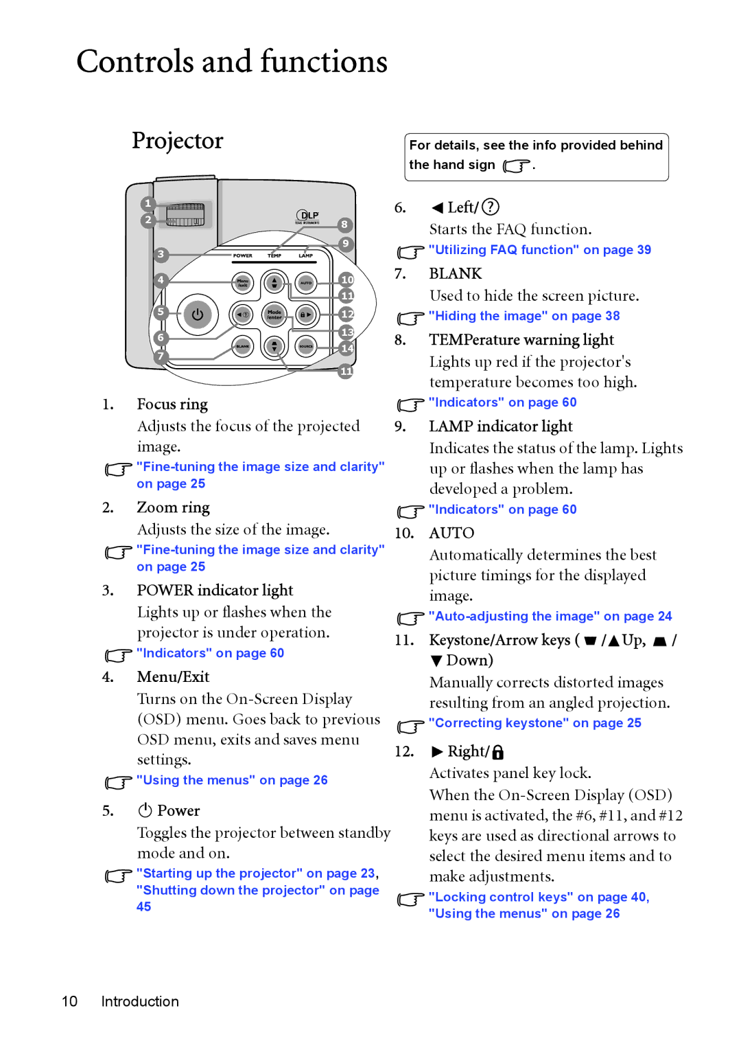 BenQ MP576, MP575, MP525P, MP526 user manual Controls and functions, Projector 