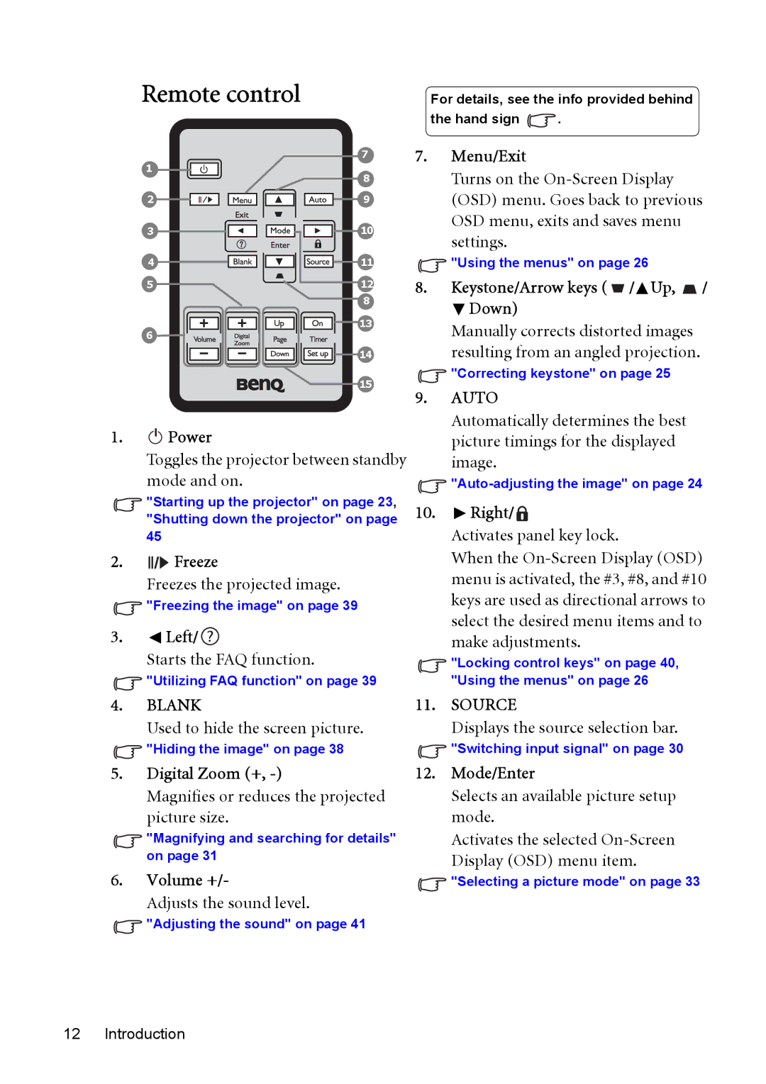 BenQ MP525P, MP576, MP575, MP526 user manual Remote control, Freeze, Digital Zoom +, Volume + 