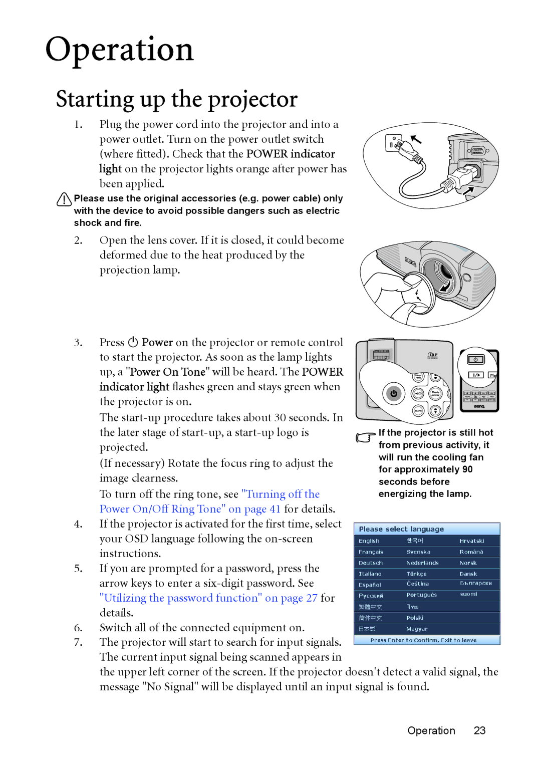 BenQ MP576, MP575, MP525P, MP526 user manual Operation, Starting up the projector 