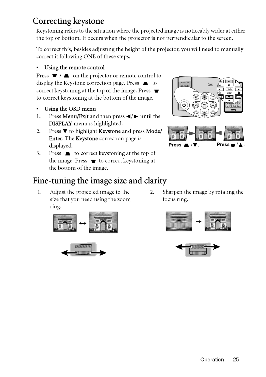 BenQ MP576 Correcting keystone, Fine-tuning the image size and clarity, Using the remote control, Using the OSD menu 