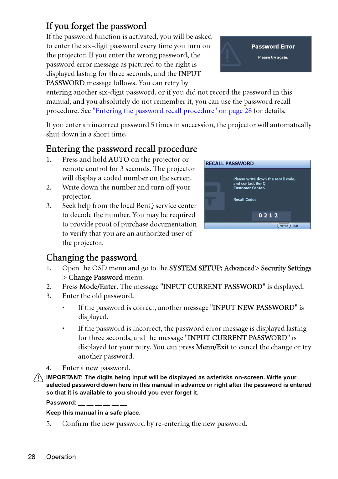 BenQ MP576, MP575, MP525P If you forget the password, Entering the password recall procedure, Changing the password 