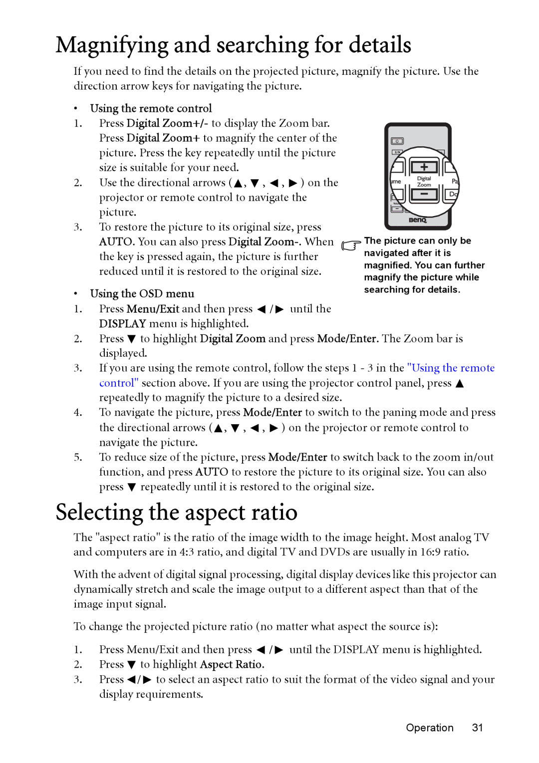 BenQ MP575, MP576, MP525P, MP526 user manual Magnifying and searching for details, Selecting the aspect ratio 