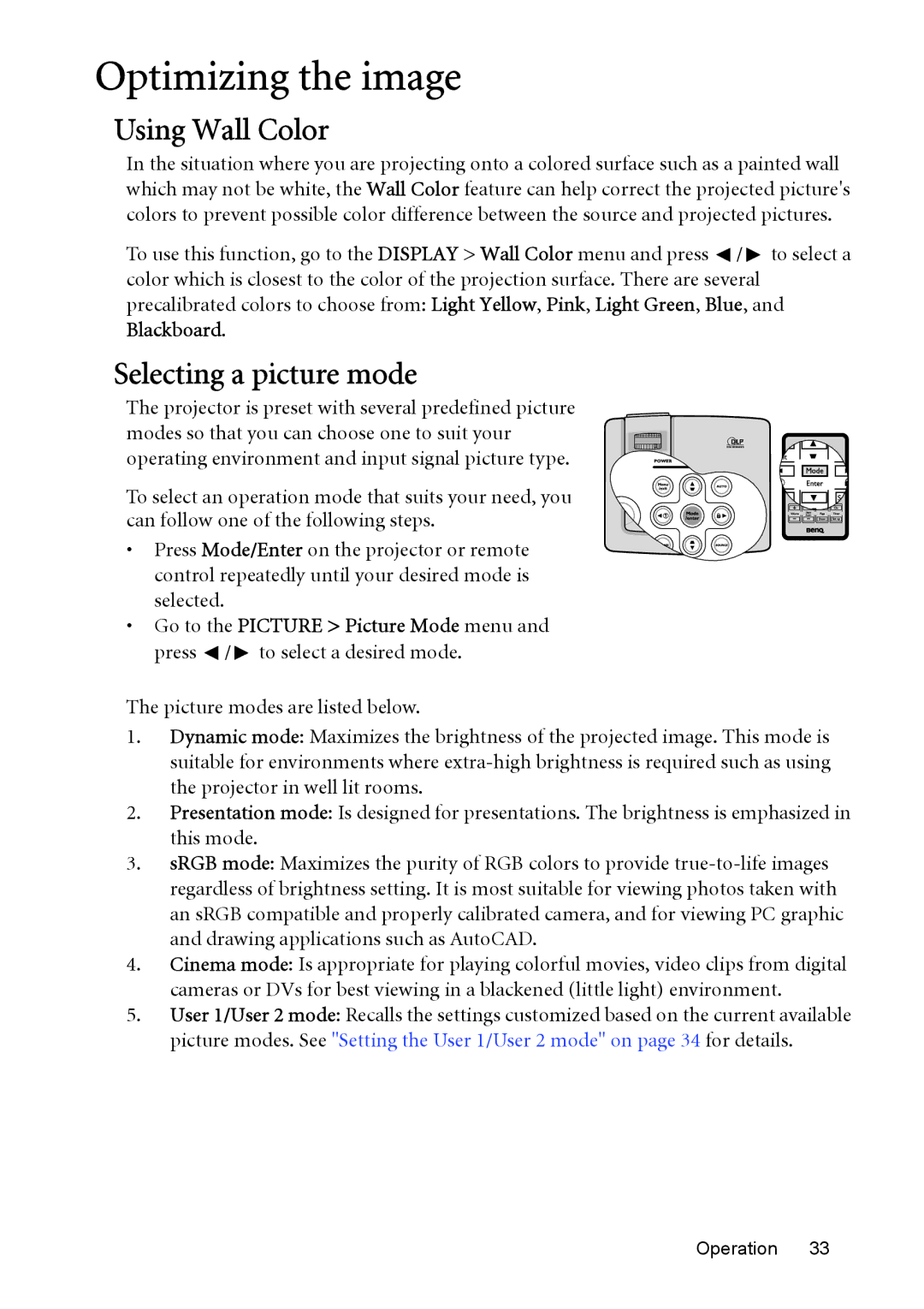 BenQ MP576, MP575, MP525P, MP526 user manual Optimizing the image, Using Wall Color, Selecting a picture mode 