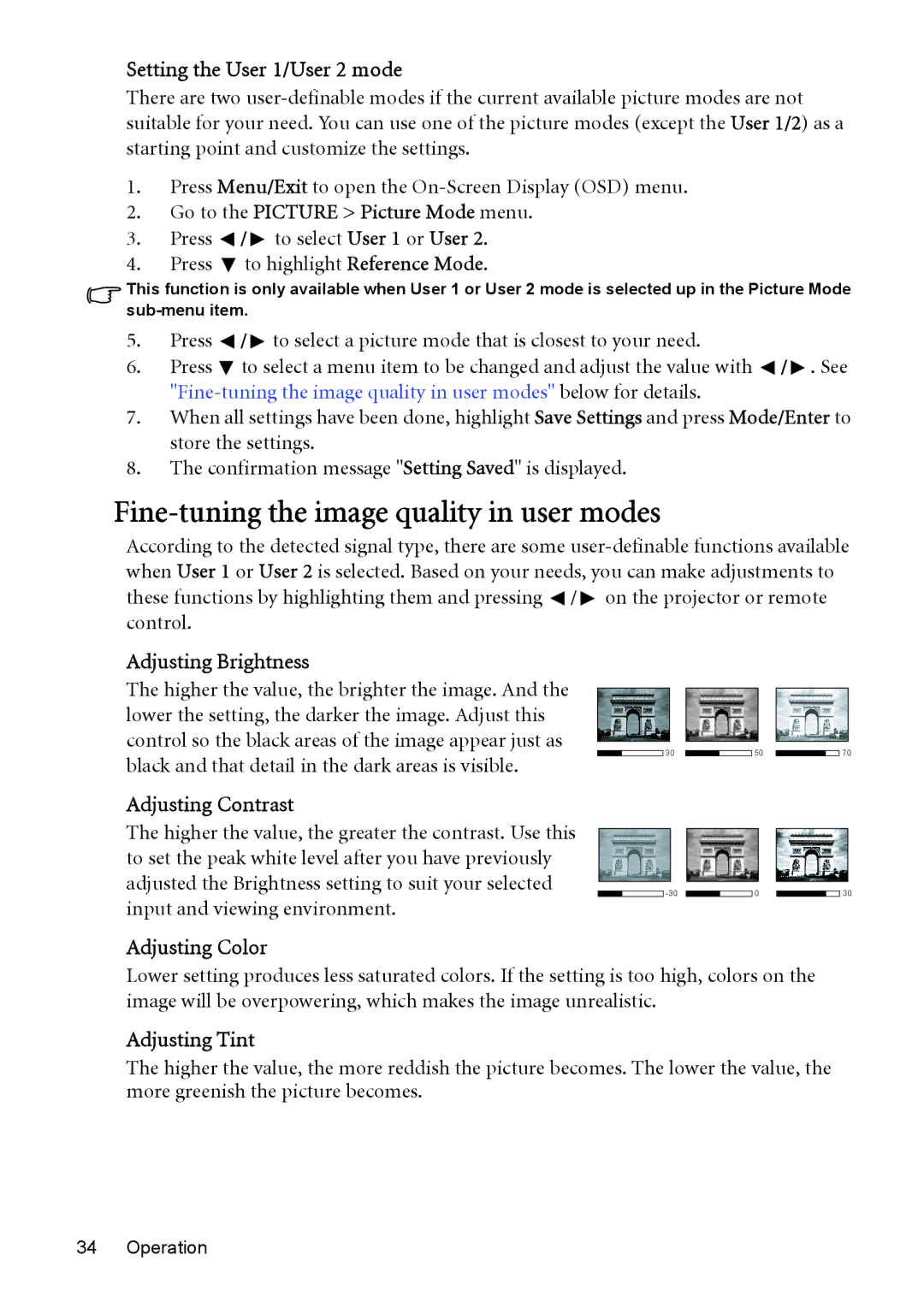 BenQ MP526, MP576, MP575, MP525P user manual Fine-tuning the image quality in user modes 