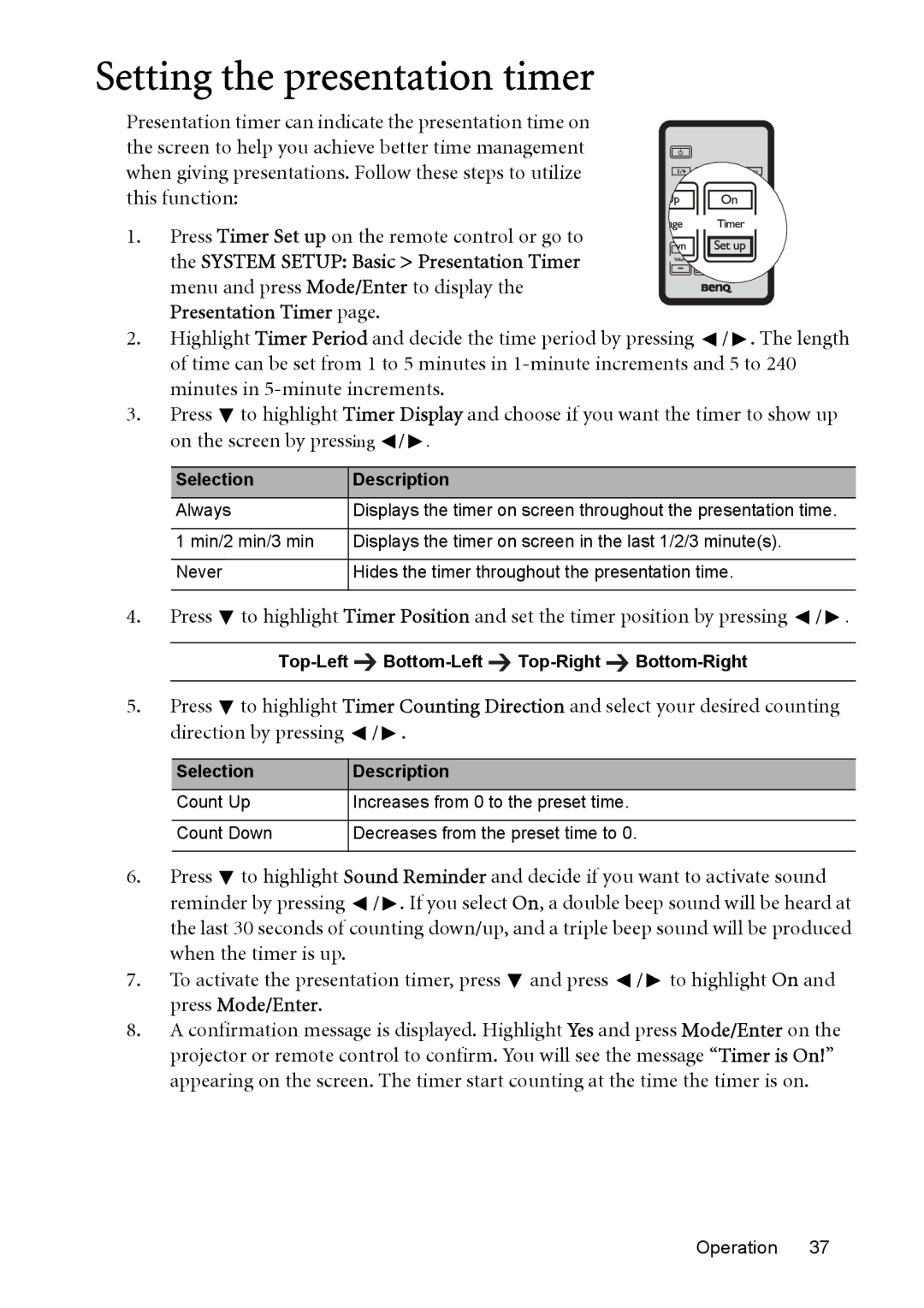 BenQ MP525P, MP576, MP575, MP526 user manual Setting the presentation timer, Selection Description 