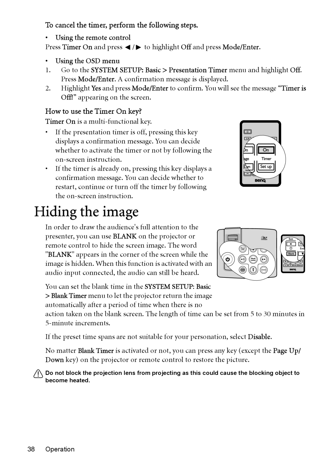 BenQ MP525, MP576 Hiding the image, How to use the Timer On key?, You can set the blank time in the System Setup Basic 