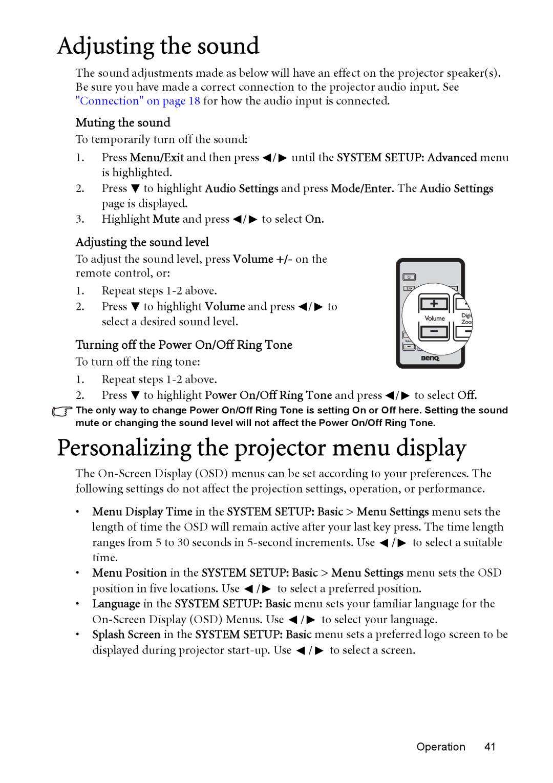 BenQ MP575, MP576, MP525P, MP526 Personalizing the projector menu display, Muting the sound, Adjusting the sound level 