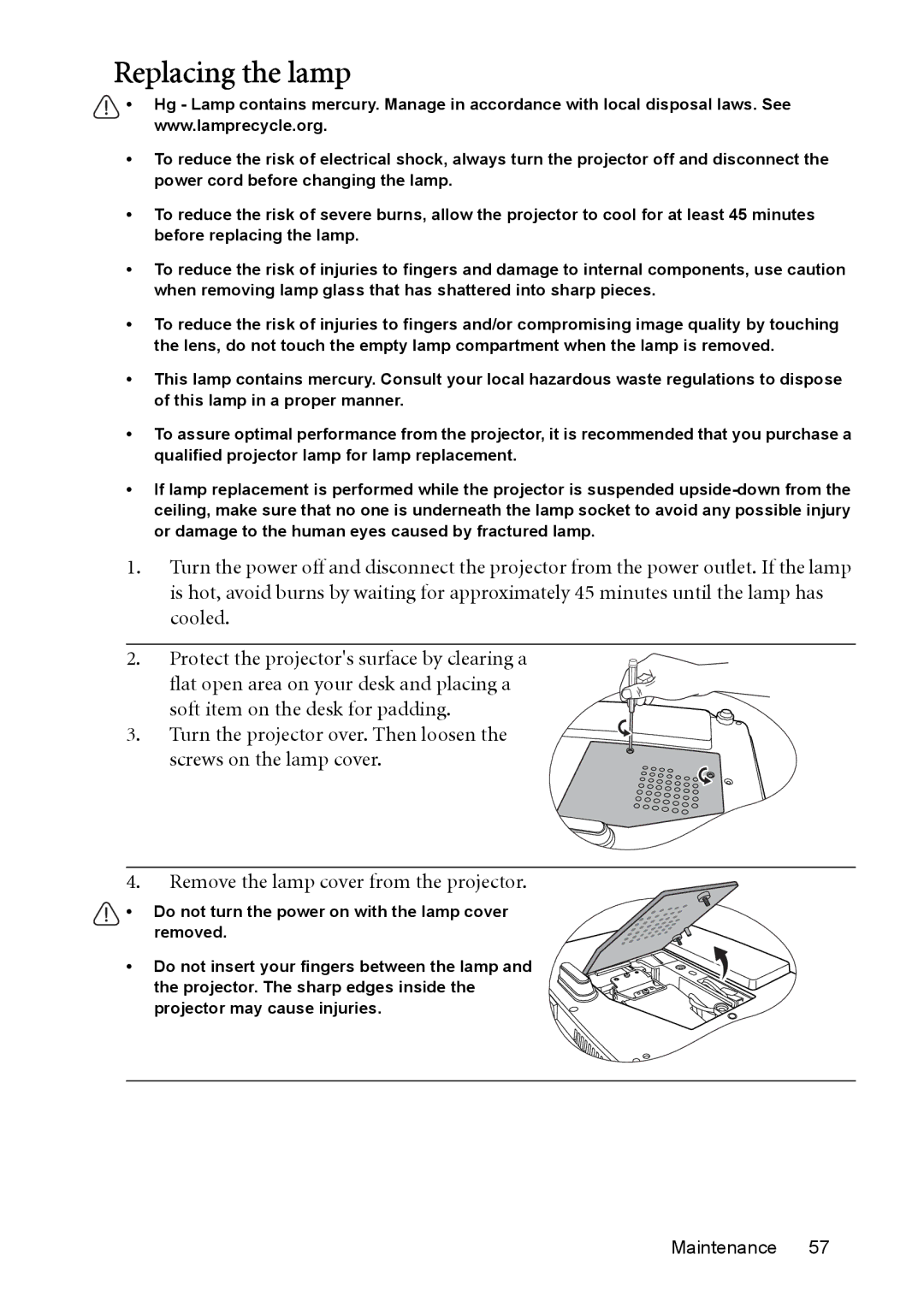 BenQ MP525P, MP576, MP575, MP526 user manual Replacing the lamp 