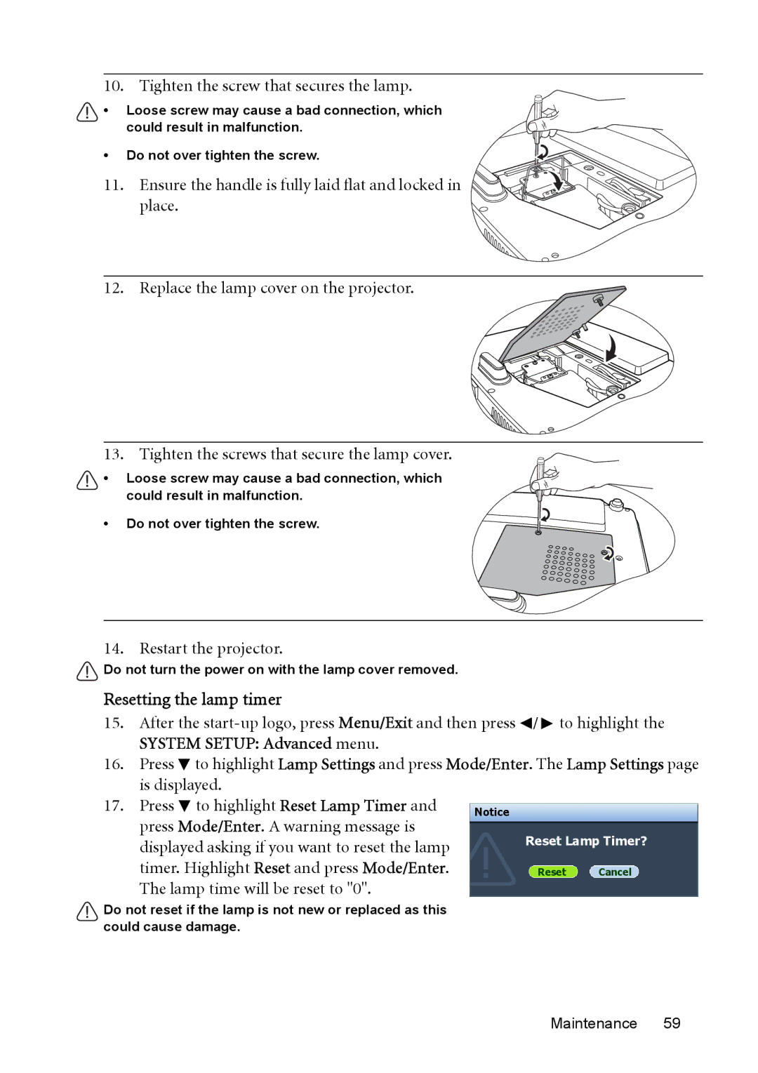 BenQ MP526, MP576, MP575, MP525P user manual Resetting the lamp timer 