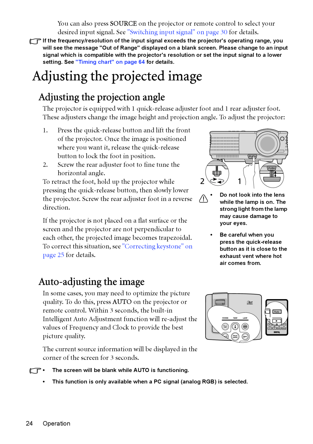 BenQ MP526, MP576, MP575, MP525P Adjusting the projected image, Adjusting the projection angle, Auto-adjusting the image 