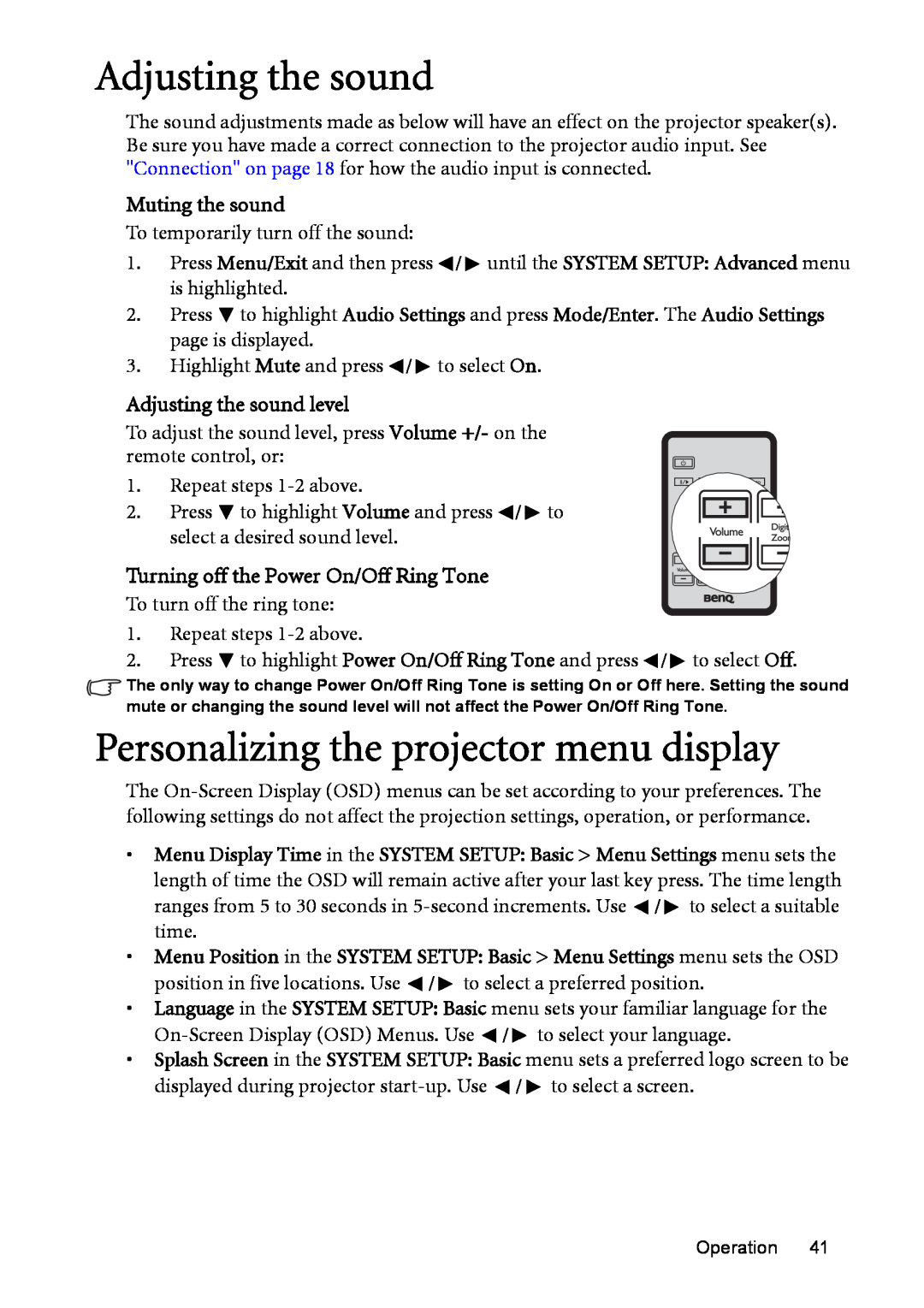 BenQ MP575, MP576, MP525P, MP526 Personalizing the projector menu display, Muting the sound, Adjusting the sound level 