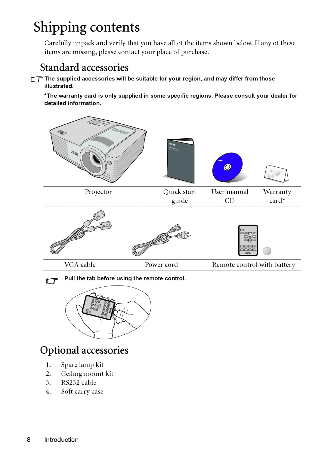 BenQ MP576, MP575, MP525P, MP526 user manual Shipping contents, Standard accessories, Optional accessories 
