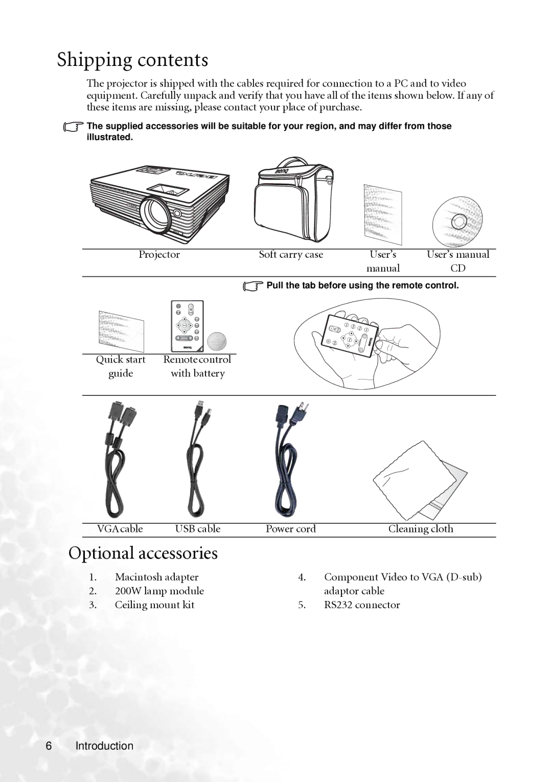 BenQ MP610 user manual Shipping contents 