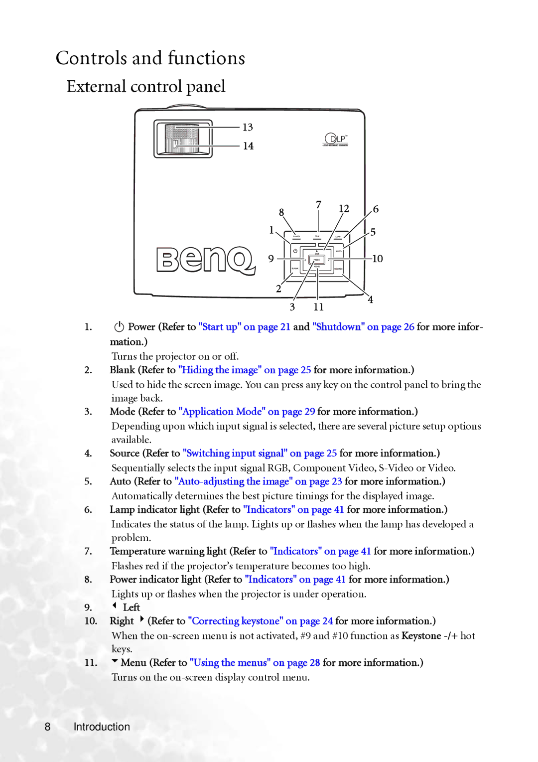 BenQ MP610 user manual Controls and functions, External control panel, Mation, Turns the projector on or off 