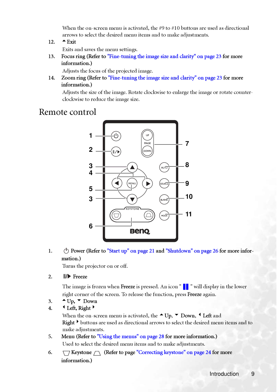 BenQ MP610 user manual Remote control, Exit, II/ Freeze, 5Up, 6 Down 3Left, Right4 