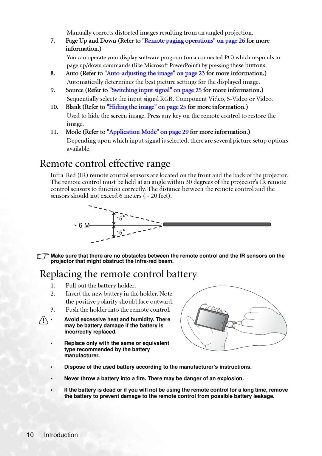 BenQ MP610 user manual Remote control effective range, Replacing the remote control battery, Pull out the battery holder 