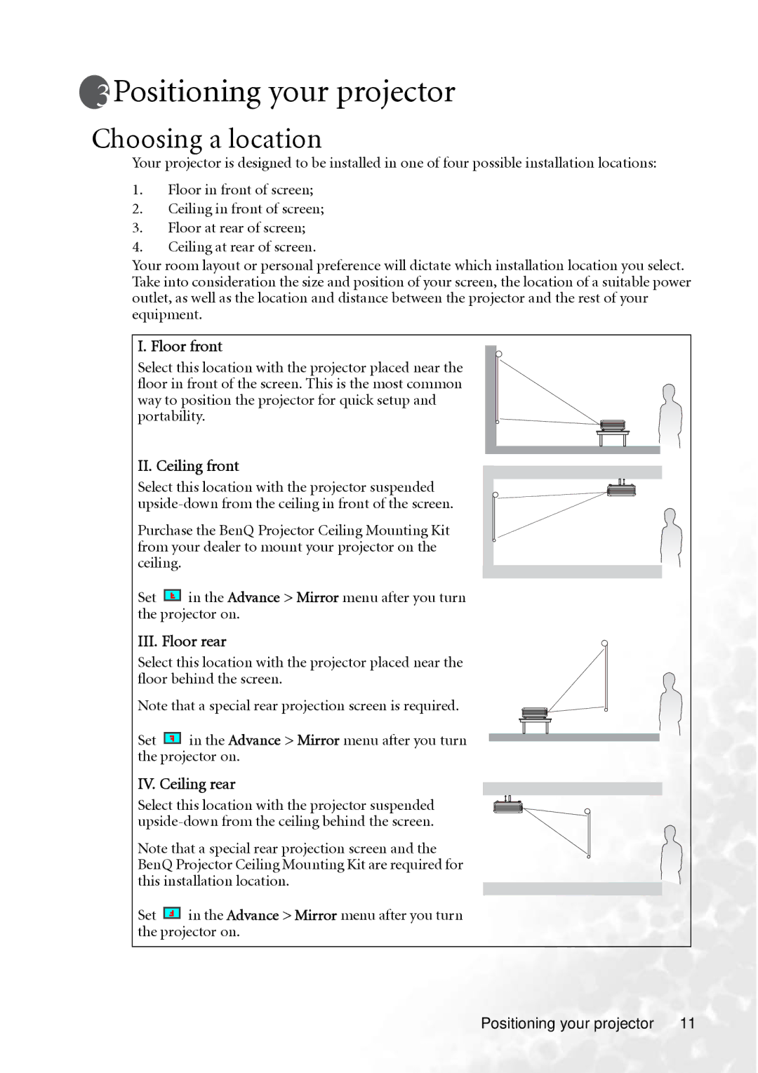 BenQ MP610 user manual Positioning your projector, Choosing a location 