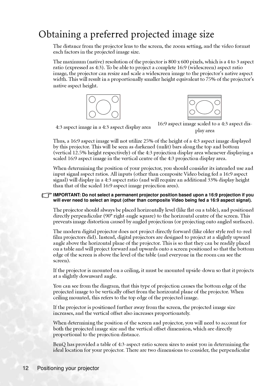 BenQ MP610 user manual Obtaining a preferred projected image size 