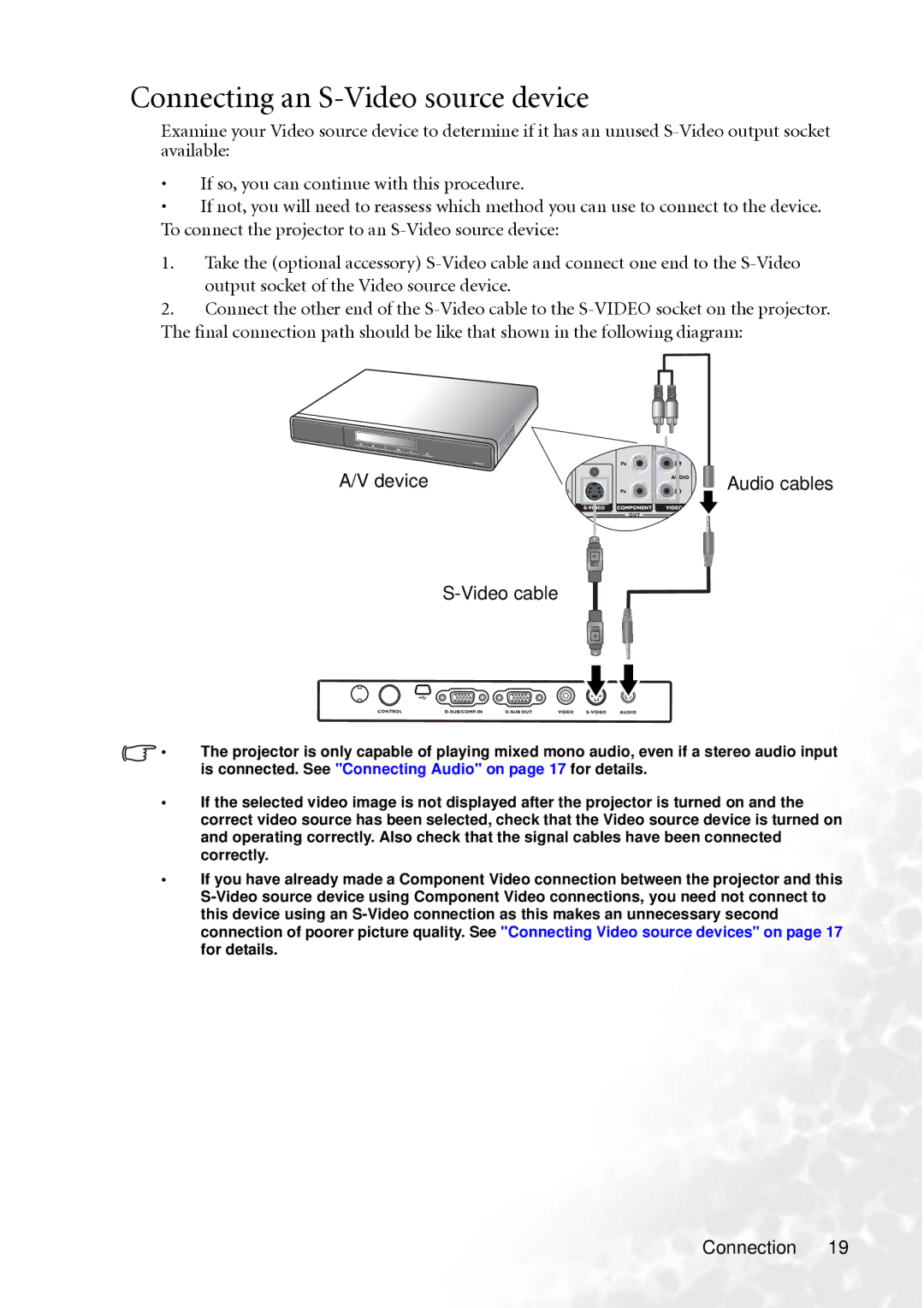 BenQ MP610 user manual Connecting an S-Video source device, Device Video cable Audio cables 