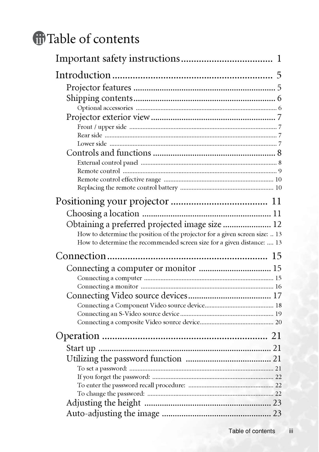 BenQ MP610 user manual Table of contents 