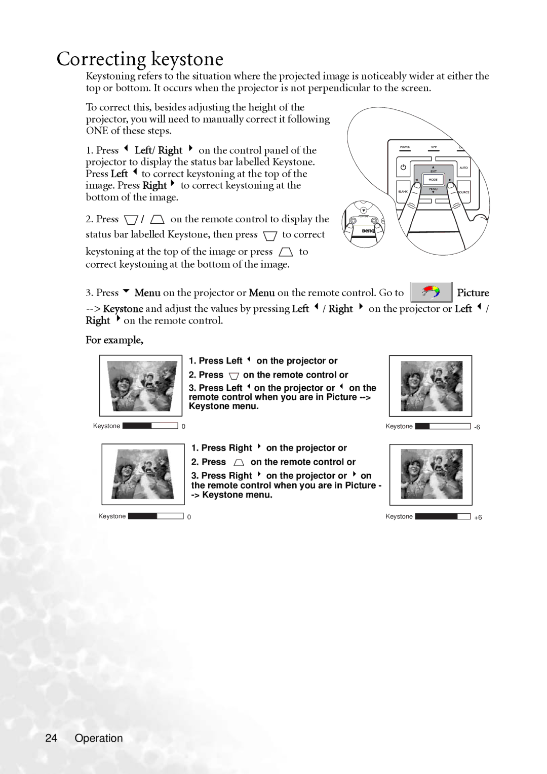 BenQ MP610 user manual Correcting keystone, For example 