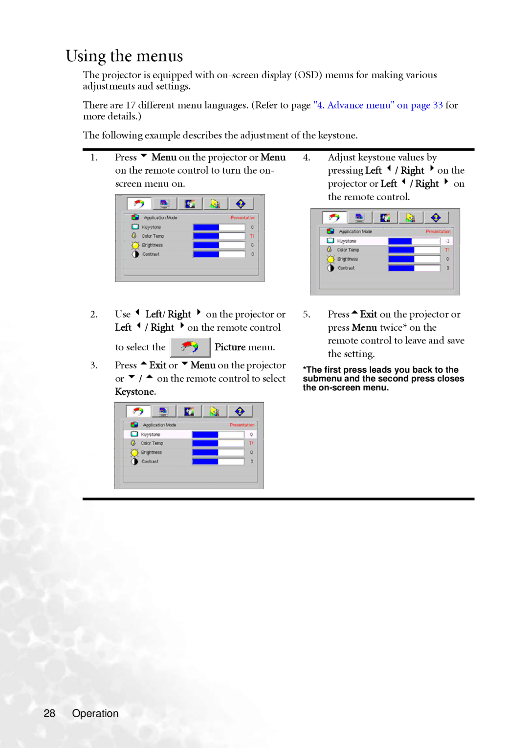 BenQ MP610 user manual Using the menus, Picture menu, Keystone 