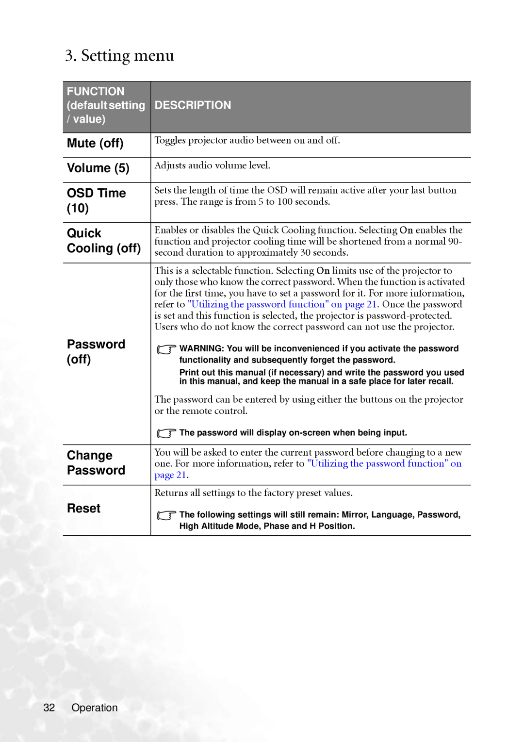 BenQ MP610 user manual Setting menu 