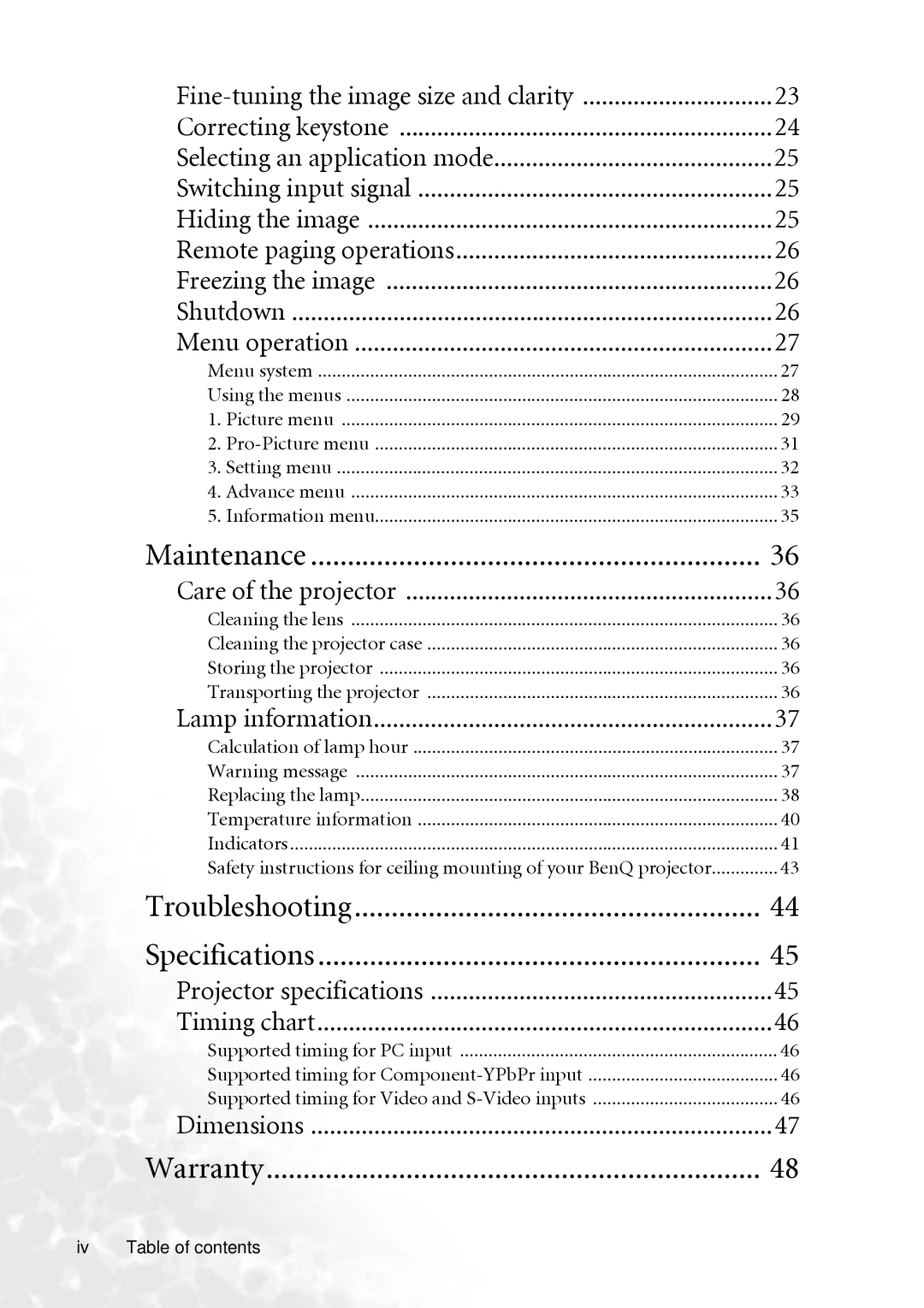 BenQ MP610 user manual Supported timing for Component-YPbPr input, Iv Table of contents 