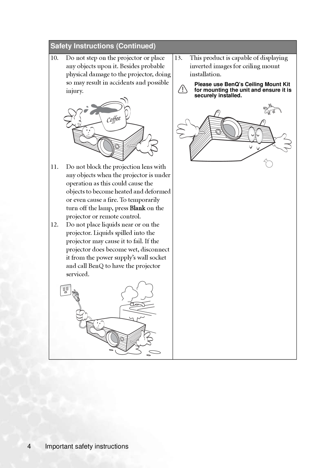 BenQ MP610 user manual Safety Instructions Continued, Important safety instructions 