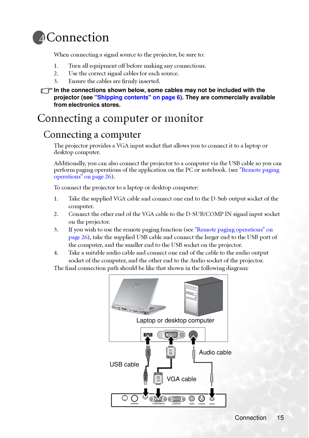 BenQ MP610 user manual Connection, Connecting a computer or monitor 
