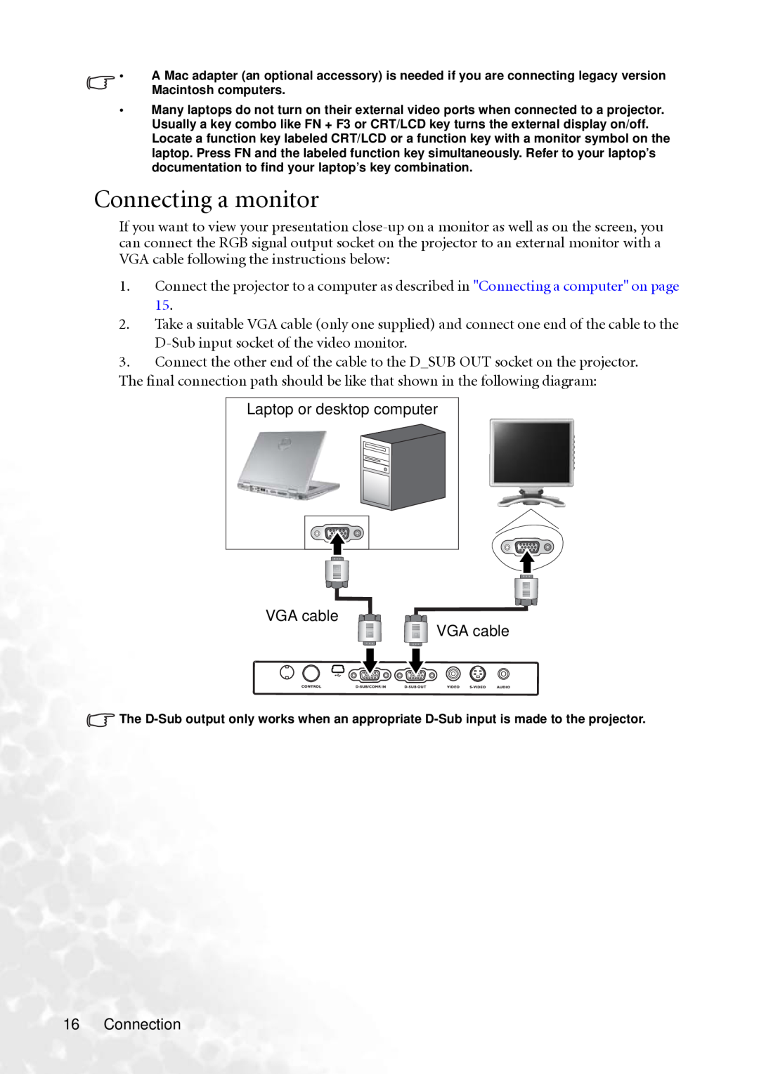 BenQ MP610 user manual Connecting a monitor 