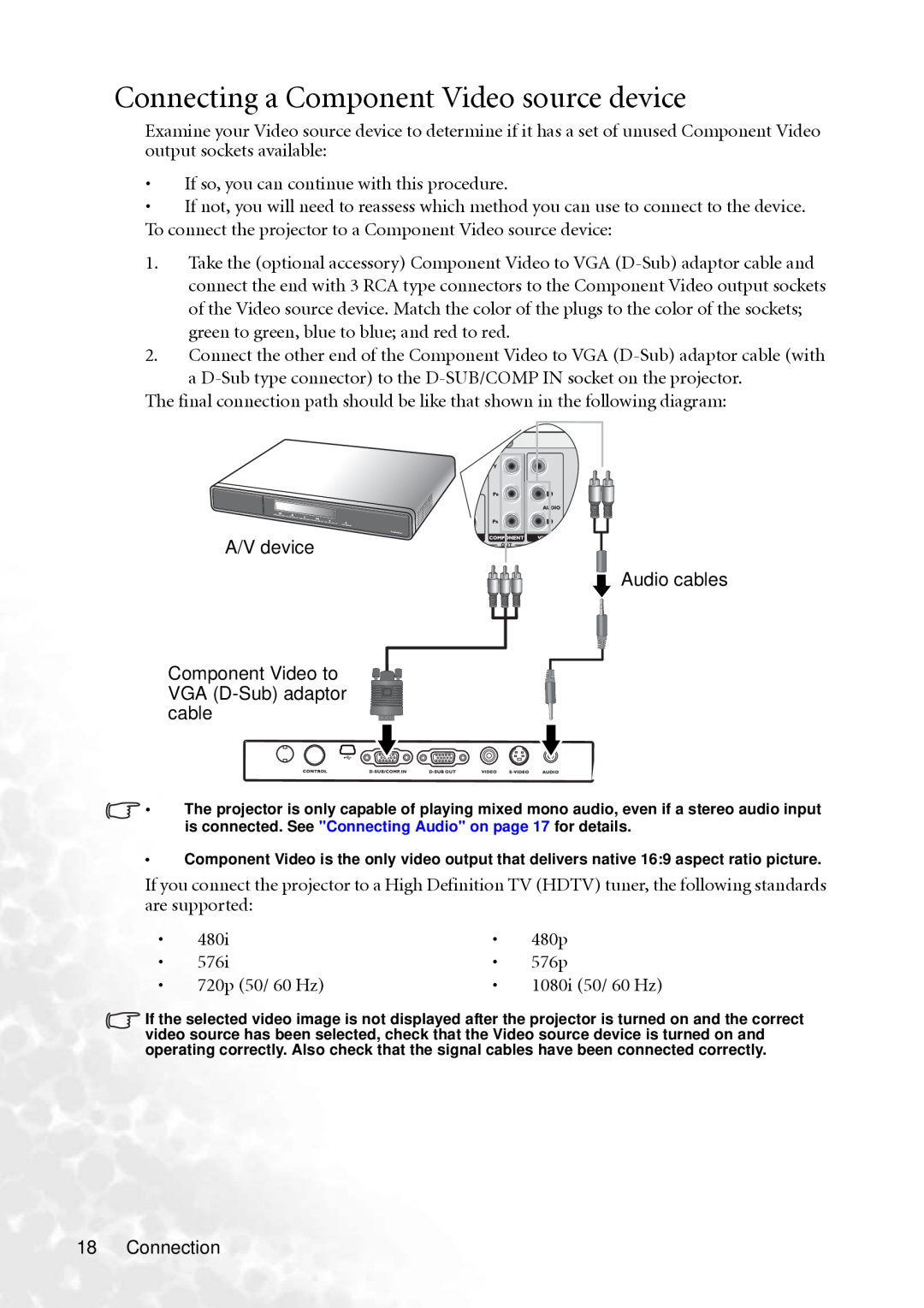 BenQ MP610 user manual Connecting a Component Video source device 