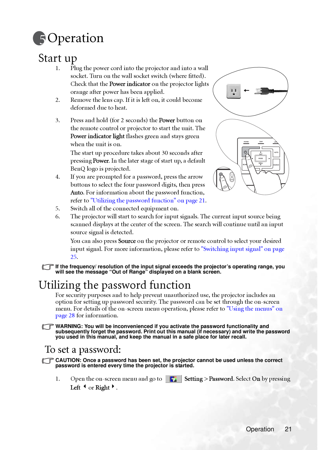 BenQ MP610 user manual Operation, Start up, Utilizing the password function, To set a password 