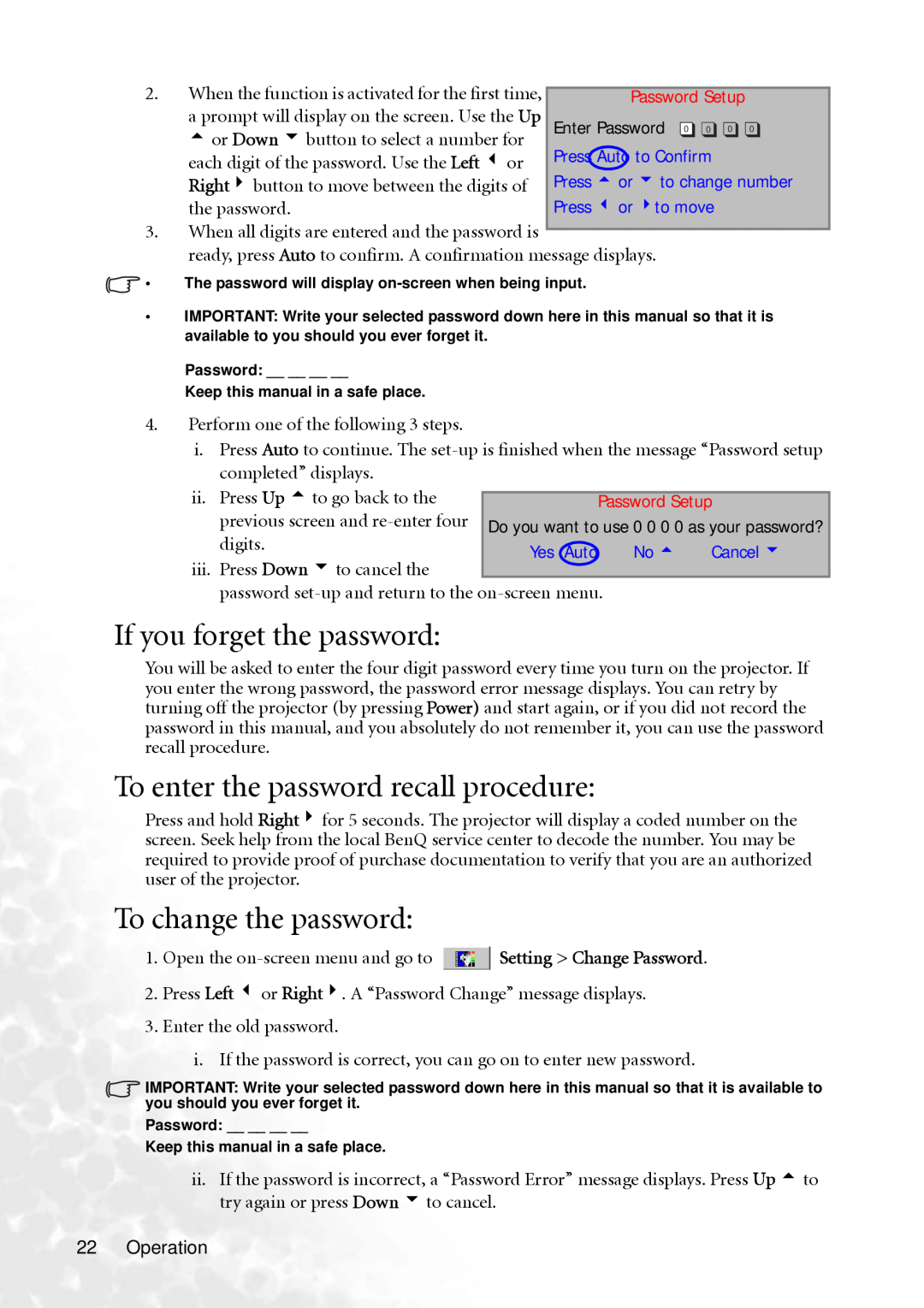 BenQ MP610 user manual If you forget the password, To enter the password recall procedure, To change the password 